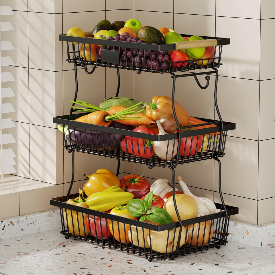 Astrorhine 3-tier fruit basket with banana hangers keeps produce organized on the counter