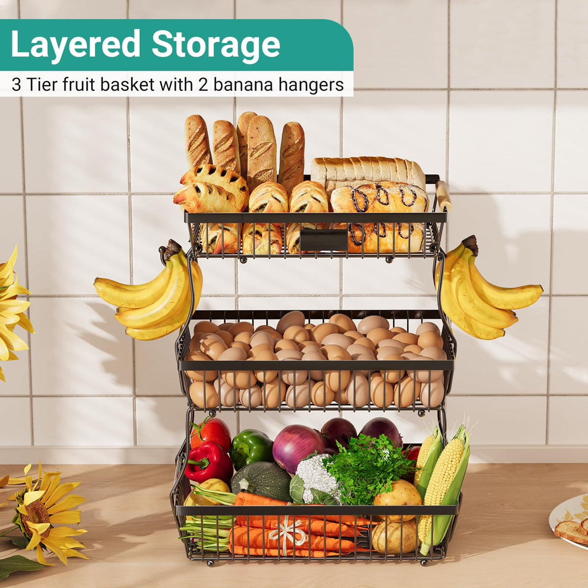 Astrorhine fruit basket with wooden handle for easy lifting and stylish kitchen storage