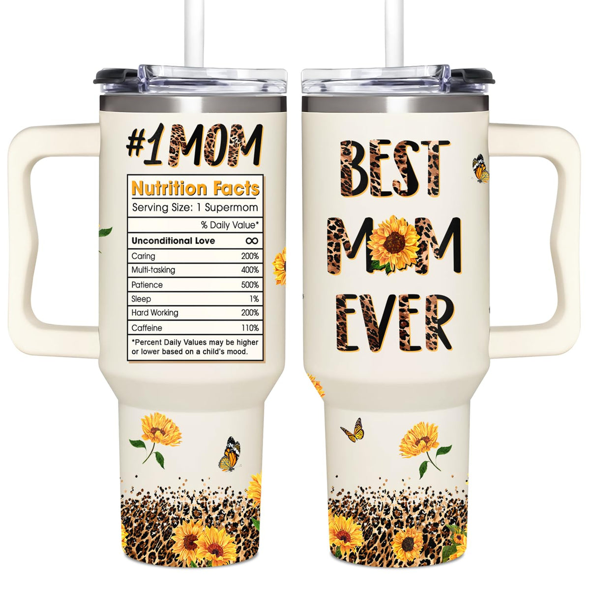 AT2Z Global Best Mom Ever tumbler with handle keeps coffee hot on the desk.