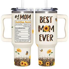 AT2Z Global Best Mom Ever tumbler with handle keeps coffee hot on the desk.