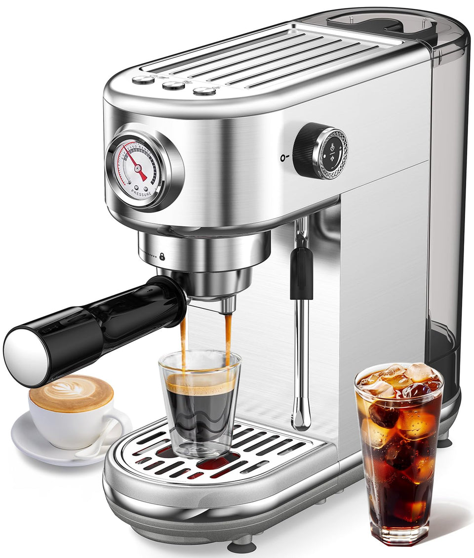 atatix espresso machine front view, compact design ideal for home or office use.