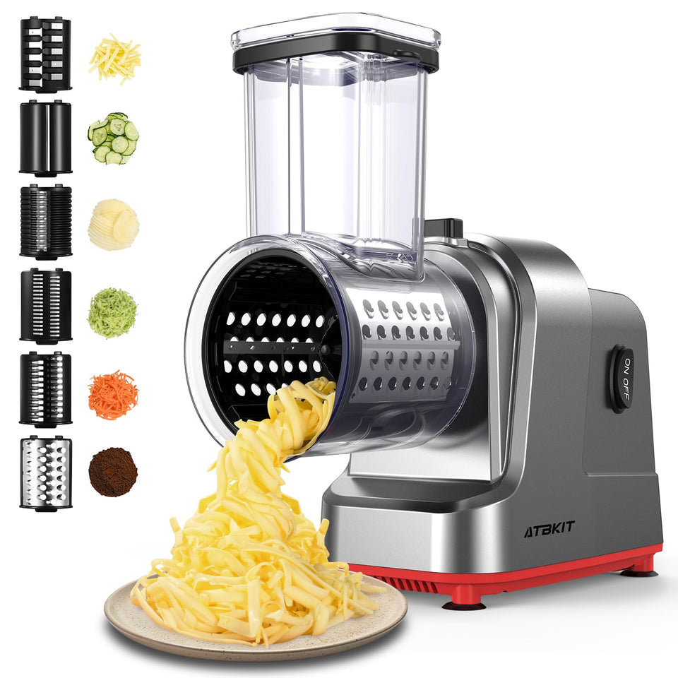 ATBKIT electric cheese grater with 6 blades for versatile shredding you can rely on.