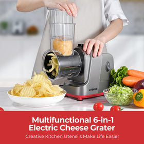 ATBKIT electric cheese grater with large inlet for easy ingredient flow.