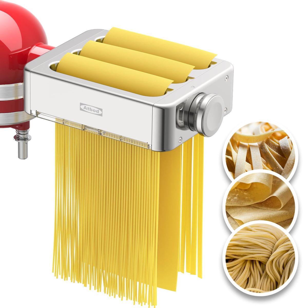 Atbod All Metal Pasta Roller Attachment for KitchenAid, enabling quick homemade pasta with three functions.