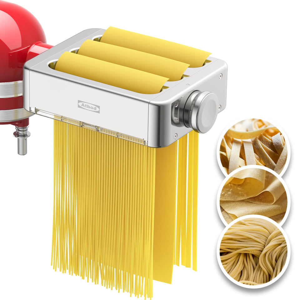 Atbod All Metal Pasta Roller Attachment for KitchenAid, enabling quick homemade pasta with three functions.