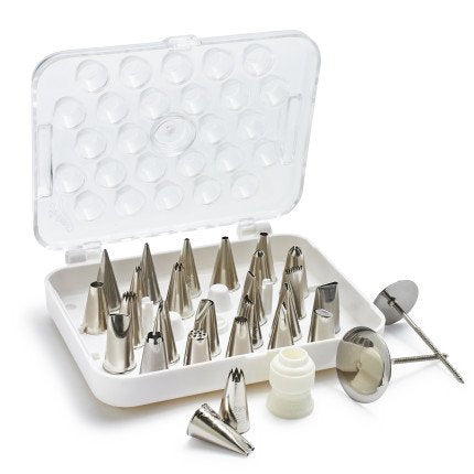 Ateco 26 stainless steel decorating tips ready for precise piping and designs.