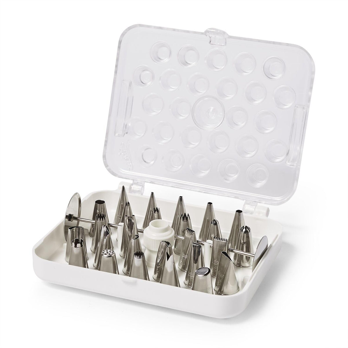 Ateco 29-piece cake decorating set with tips and storage box for easy decorating.