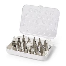 Ateco 29-piece cake decorating set with tips and storage box for easy decorating.