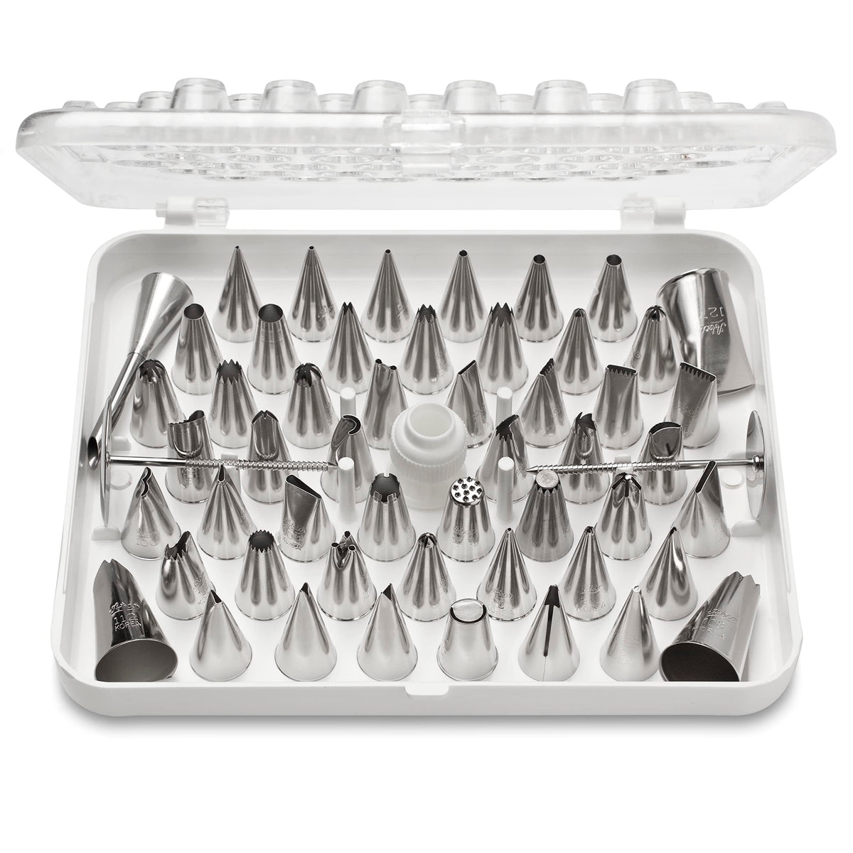Ateco 52-piece cake decorating tubes stored in hinged storage box for organized decorating