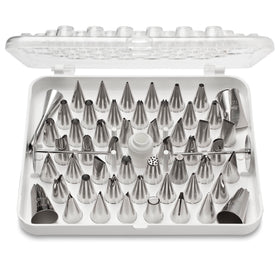 Ateco 52-piece cake decorating tubes stored in hinged storage box for organized decorating
