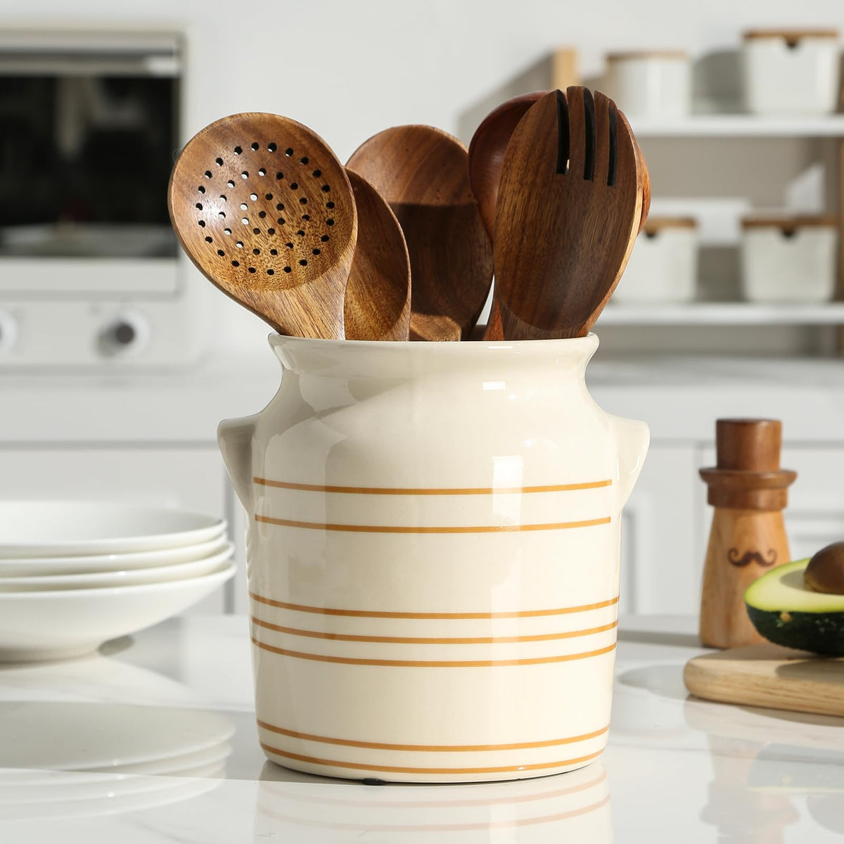 ATLZBLTCI ceramic farmhouse utensil holder on countertop keeps utensils organized