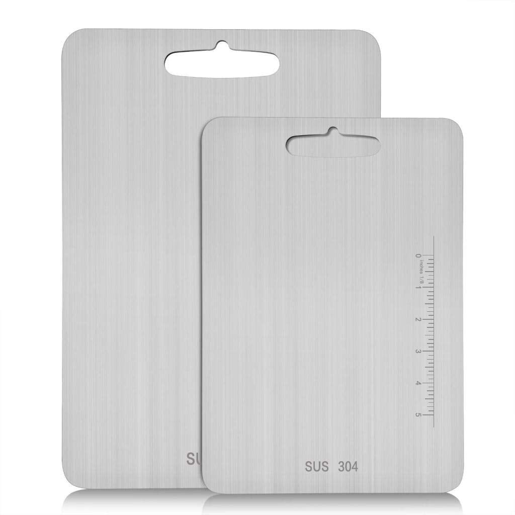 Atmama stainless steel cutting board surface detail for heavy chopping and durability.