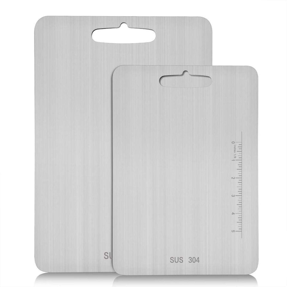 Atmama stainless steel cutting board surface detail for heavy chopping and durability.