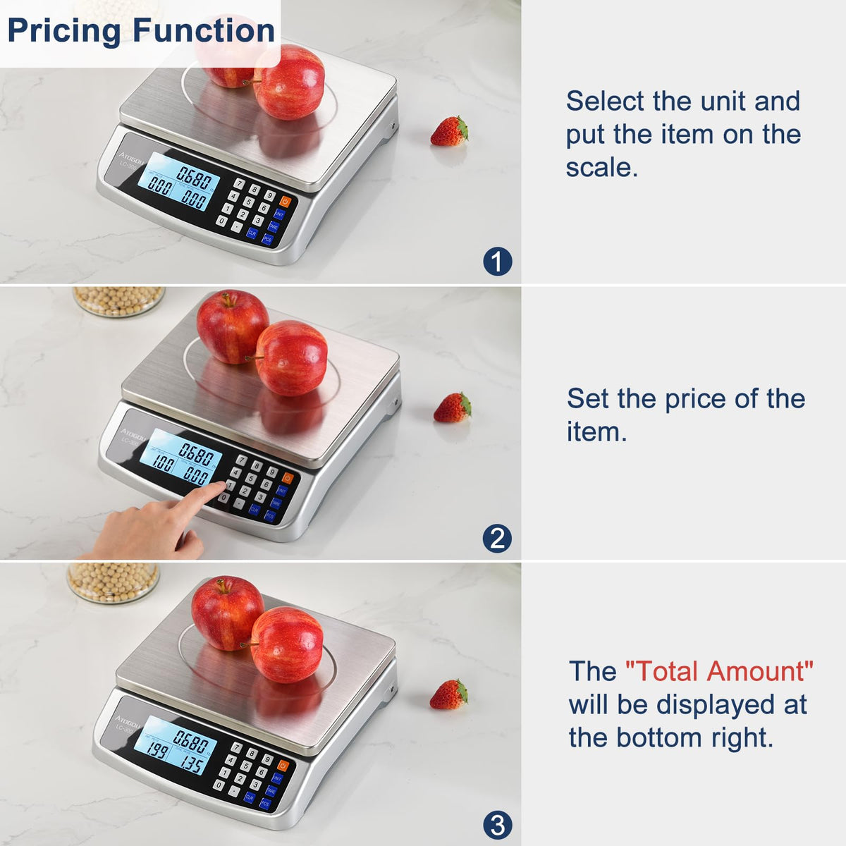 Atogou 66lb scale powered by plug-in or AA batteries for flexible placement.