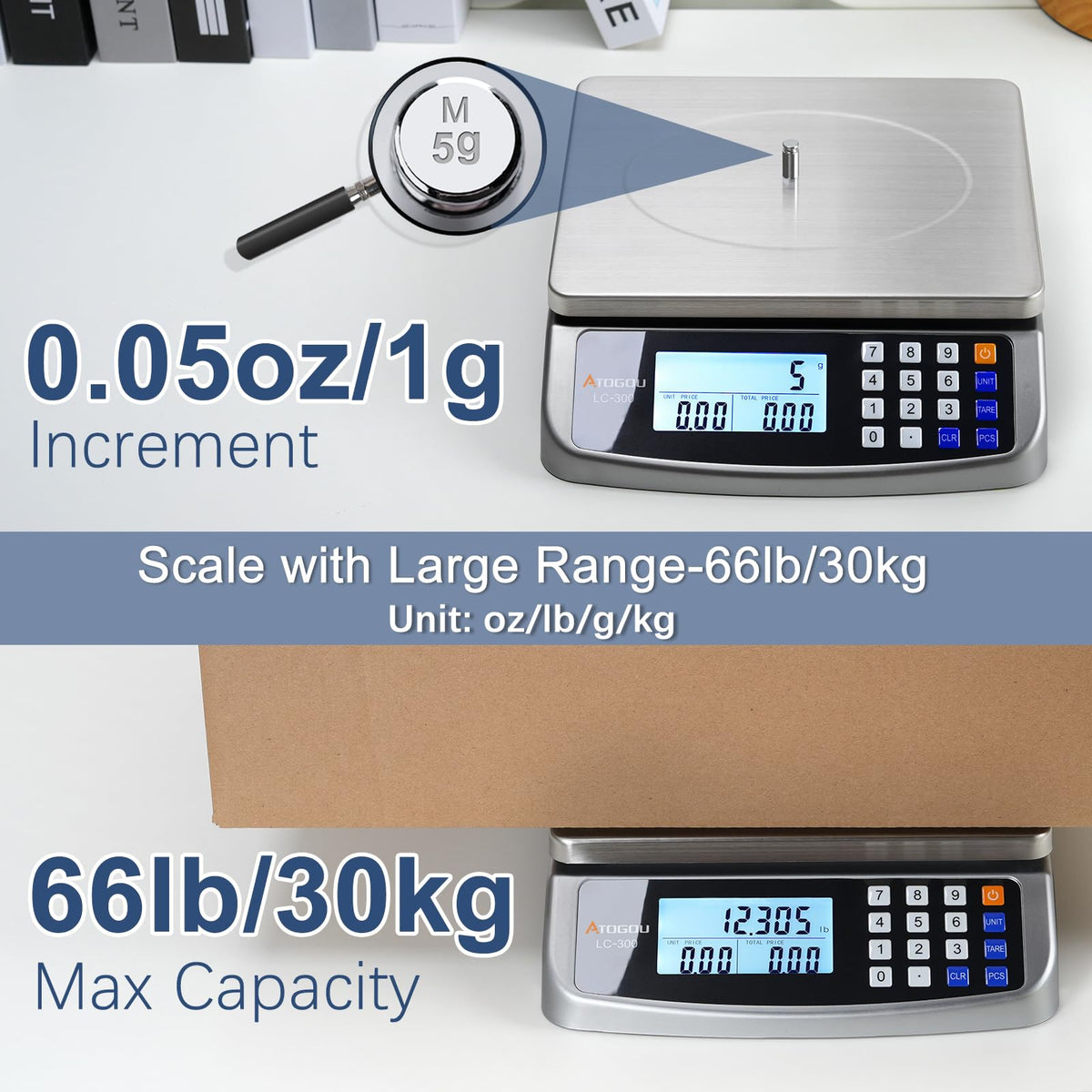 Atogou 66lb food scale pricing function aids accurate price calculation.