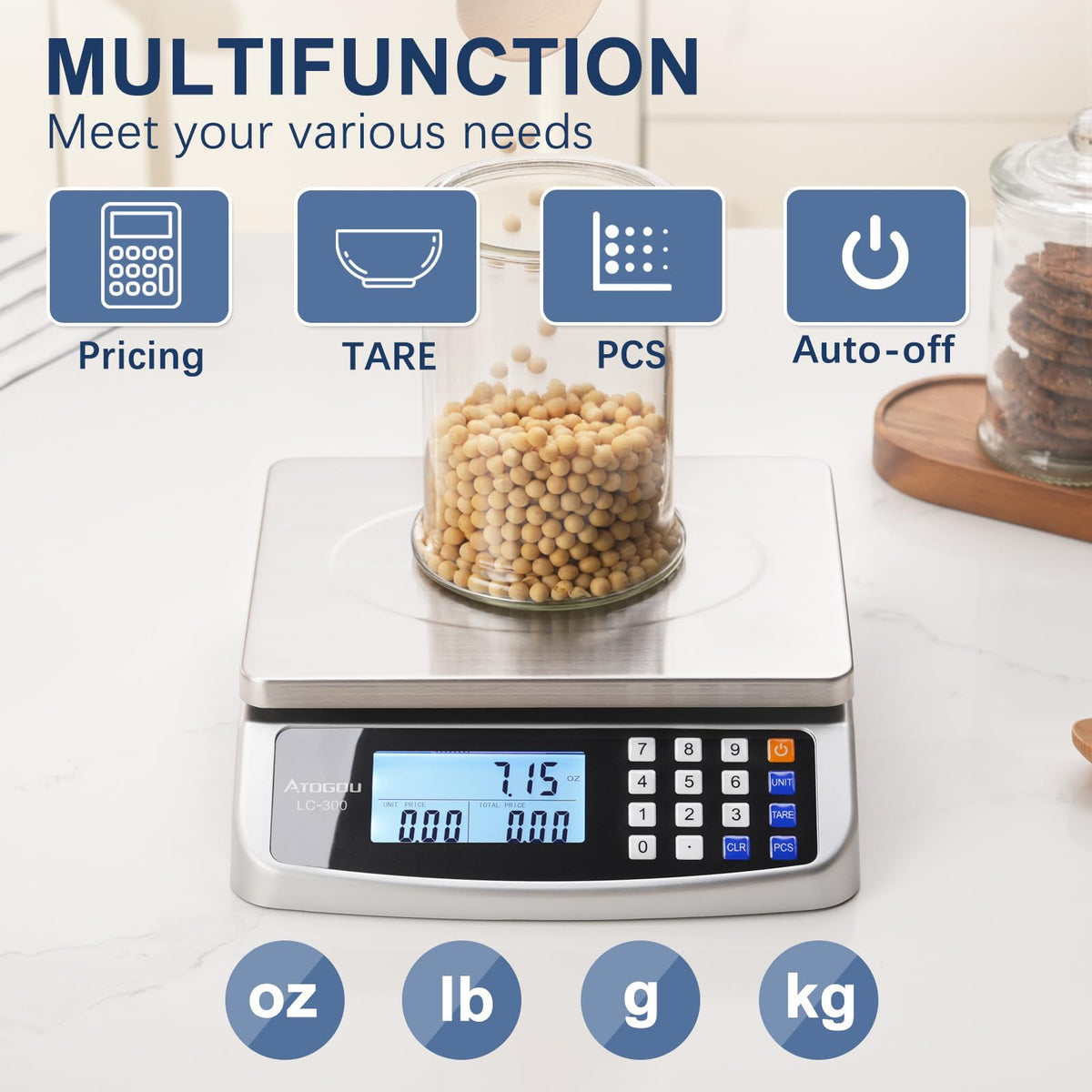 Atogou 66lb scale features unit conversions for common measurement types.
