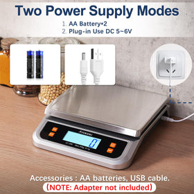 Atogou 88lb food scale shows size and power options suitable for continuous use