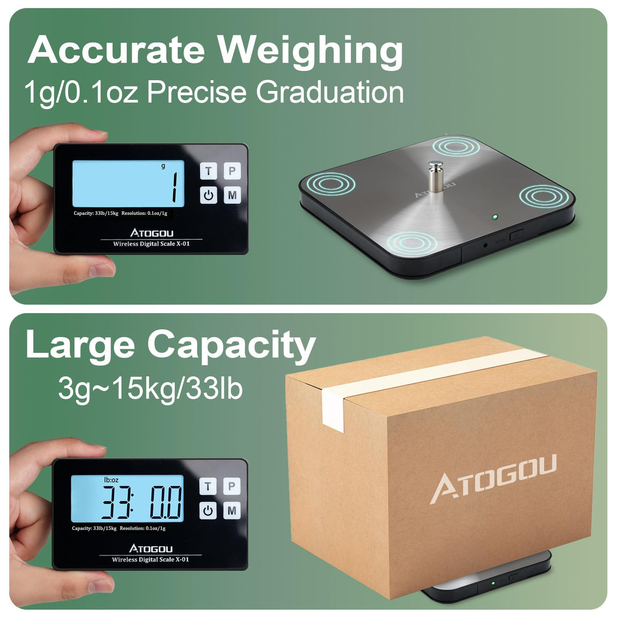 Atogou backlit LCD display for clear visibility in dim light.