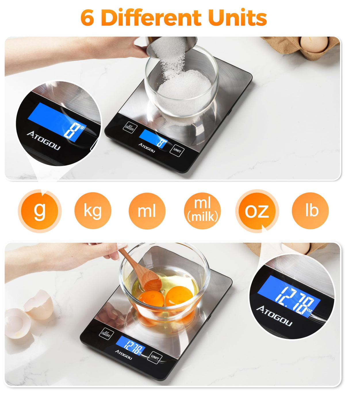 Atogou Food Scale versatile for cooking, meal prep, and packaging tasks.