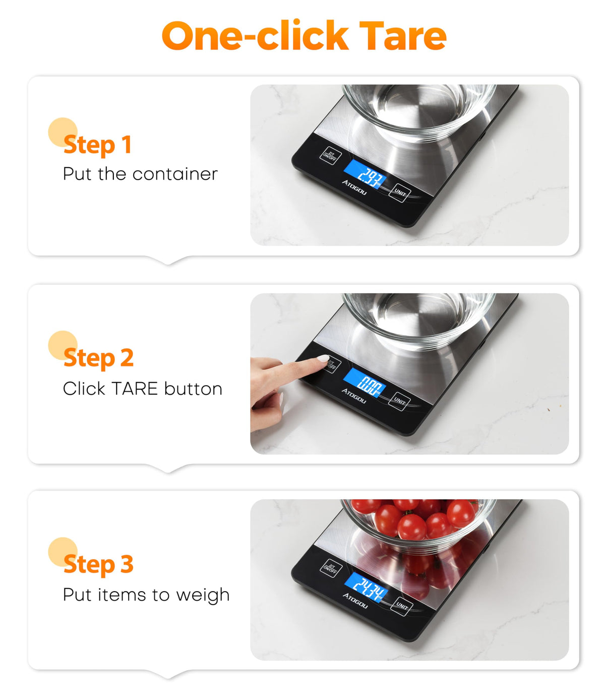 Atogou Food Scale water-resistant housing protects against splashes.
