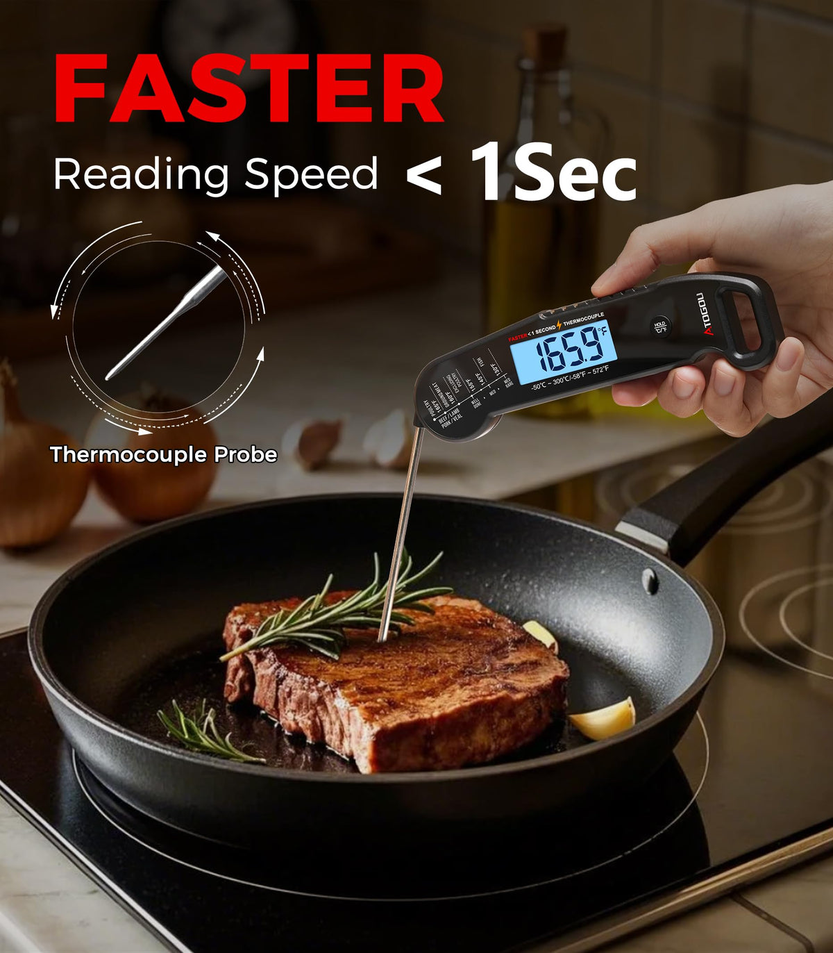 Atogou meat thermometer on kitchen counter ready for grilling.