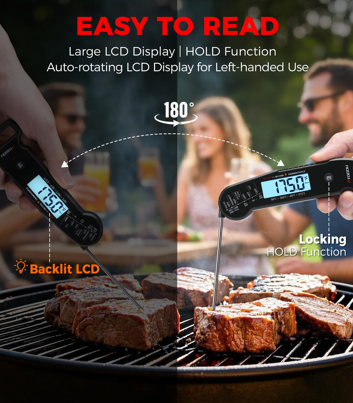 Atogou meat thermometer delivering quick readouts in seconds.