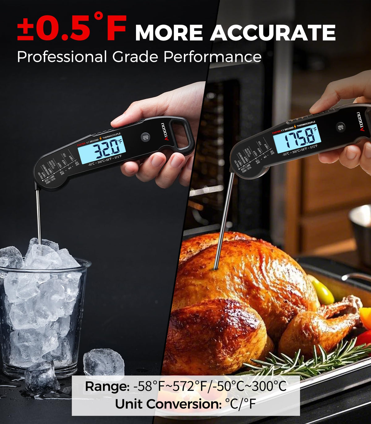 Atogou thermometer with rotating backlit display for any angle.