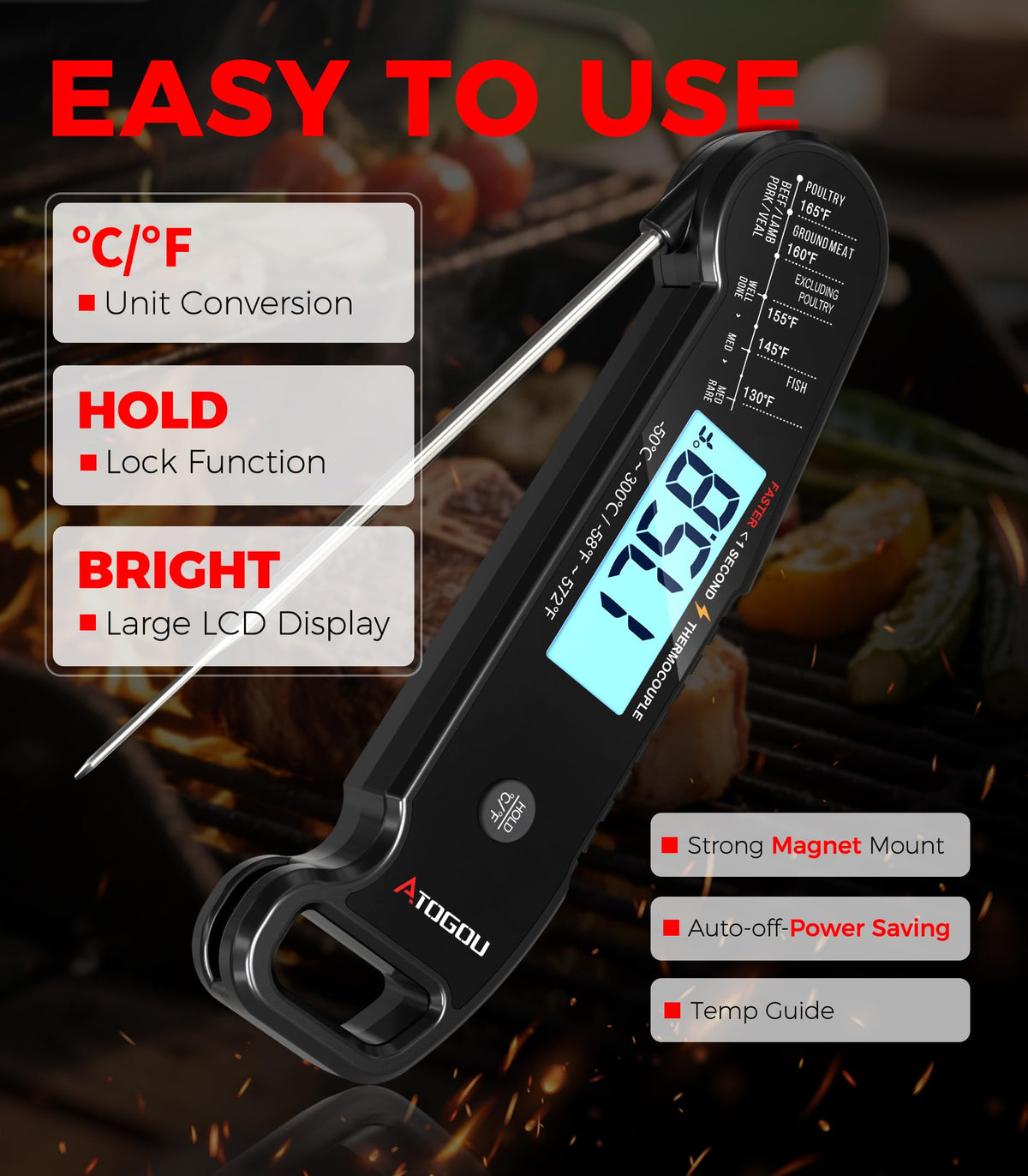 Atogou meat thermometer with shake-to-wake feature for convenience.