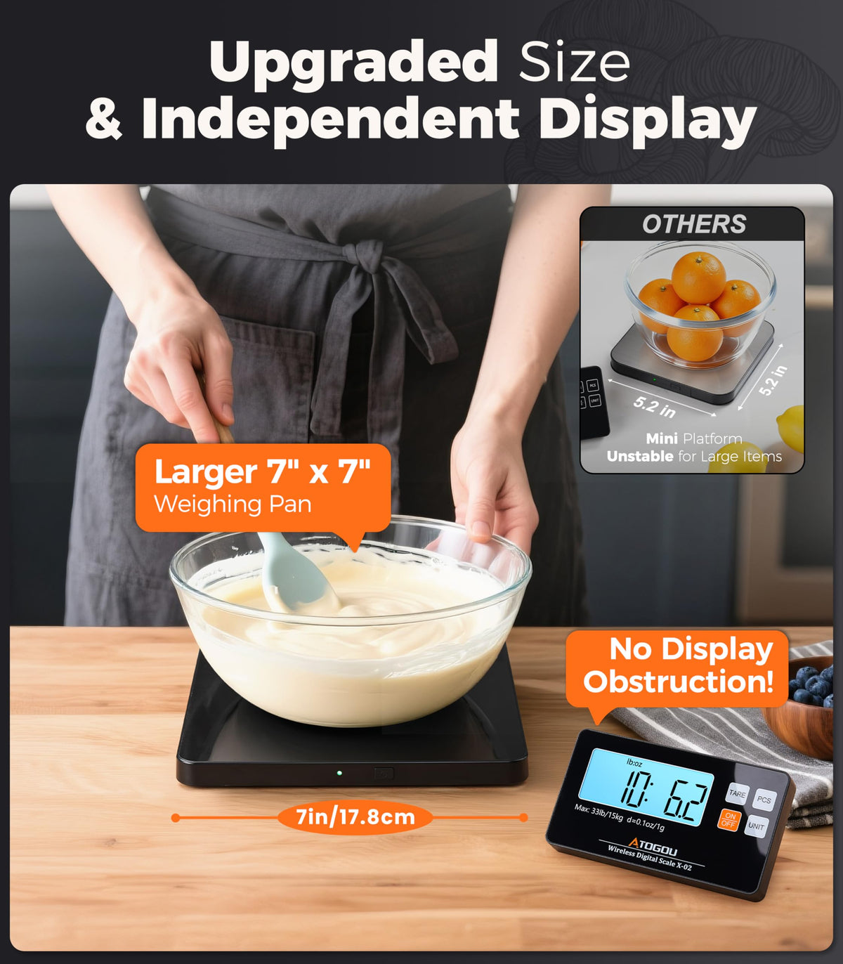 Atogou wireless scale showing large 7x7 inch platform for big items.