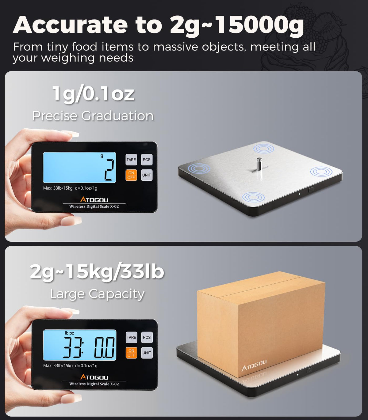 Atogou tare function enables container-weighted accuracy.