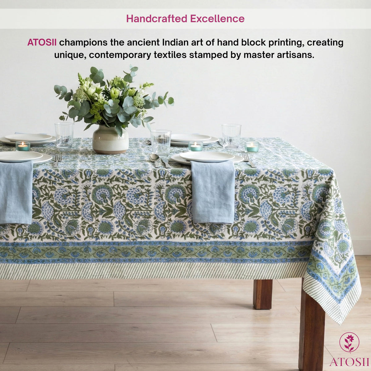 ATOSII Clover Blue handblock floral print adds artisanal charm to everyday meals.
