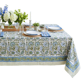 ATOSII Clover Blue tablecloth with floral handblock design for elegant gatherings and festive dining.