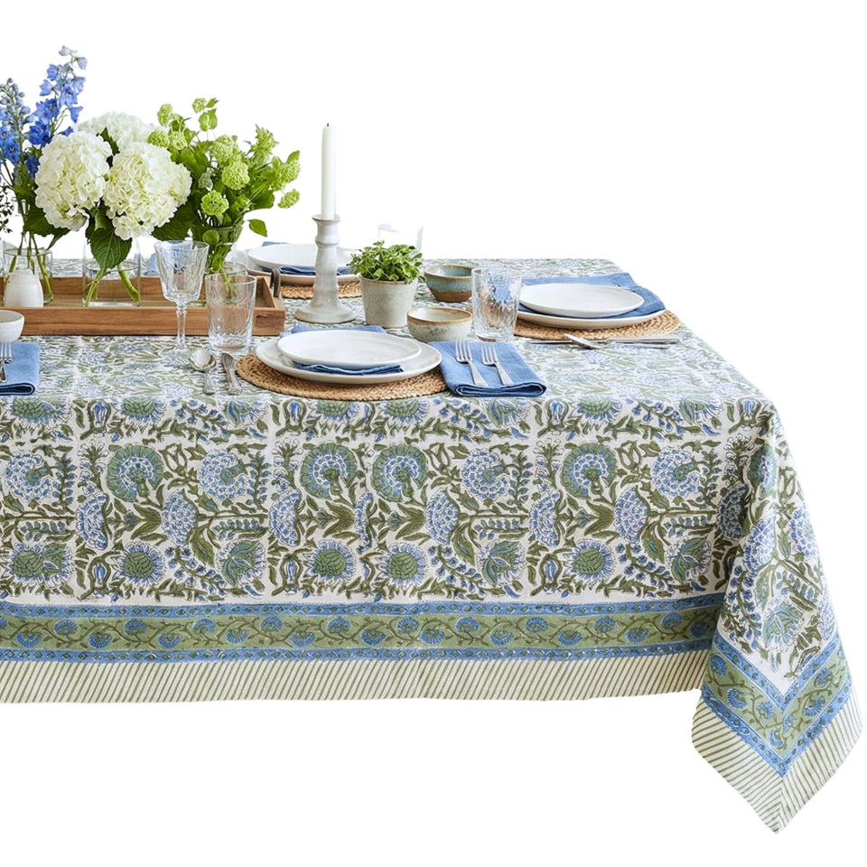 ATOSII Clover Blue tablecloth with floral handblock design for elegant gatherings and festive dining.