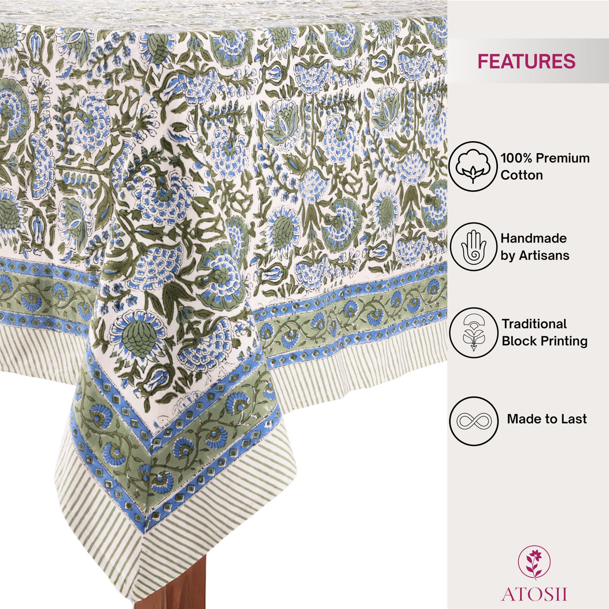 ATOSII Clover Blue rectangle tablecloth 60x108 for roomy 8-seat tables.