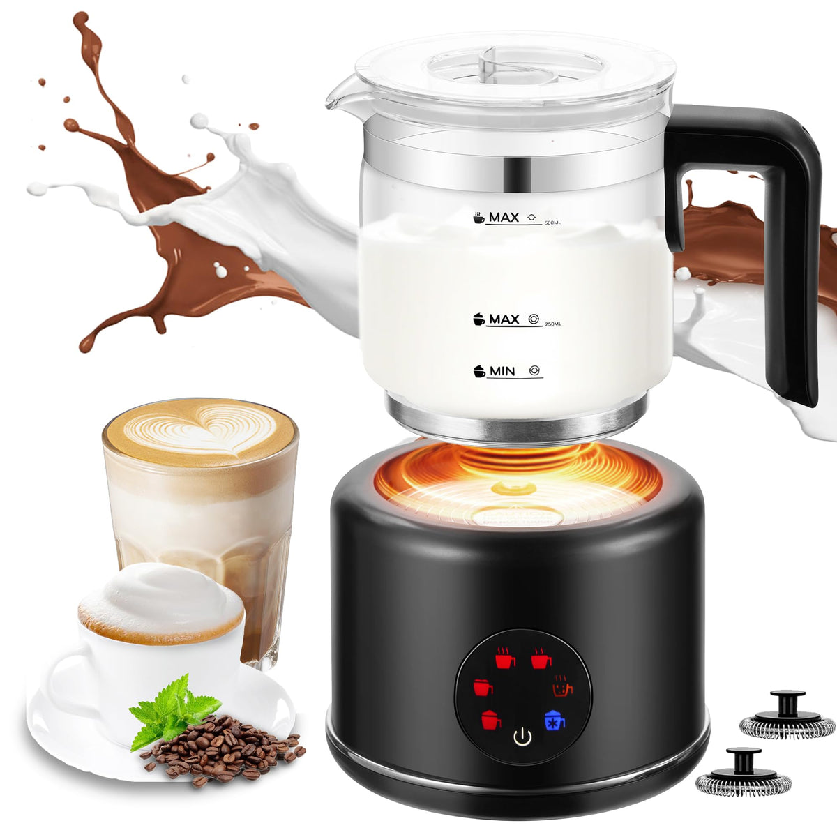 ATSENT 6-in-1 milk frother on counter creates silky latte foam.
