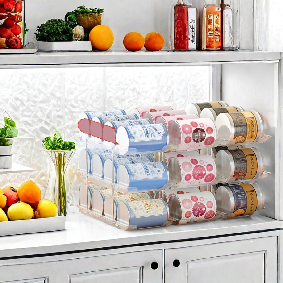 Attelite can organizer features accommodates up to 36 cans per layer.