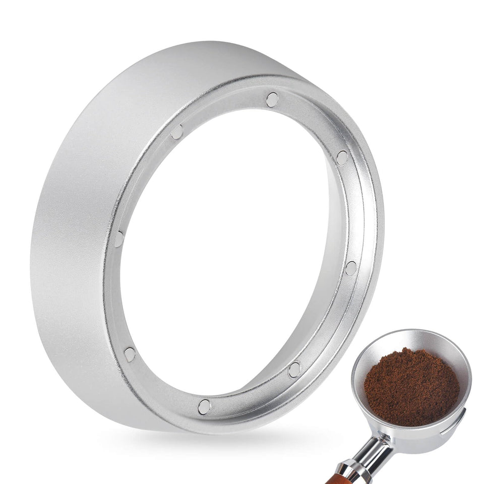 Attsky 54mm portafilter funnel with magnets securely attaches to the portafilter for mess-free dosing.