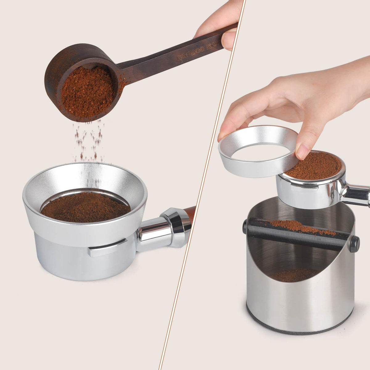 Attsky lightweight aluminum funnel sits outside the portafilter to simplify tamping.