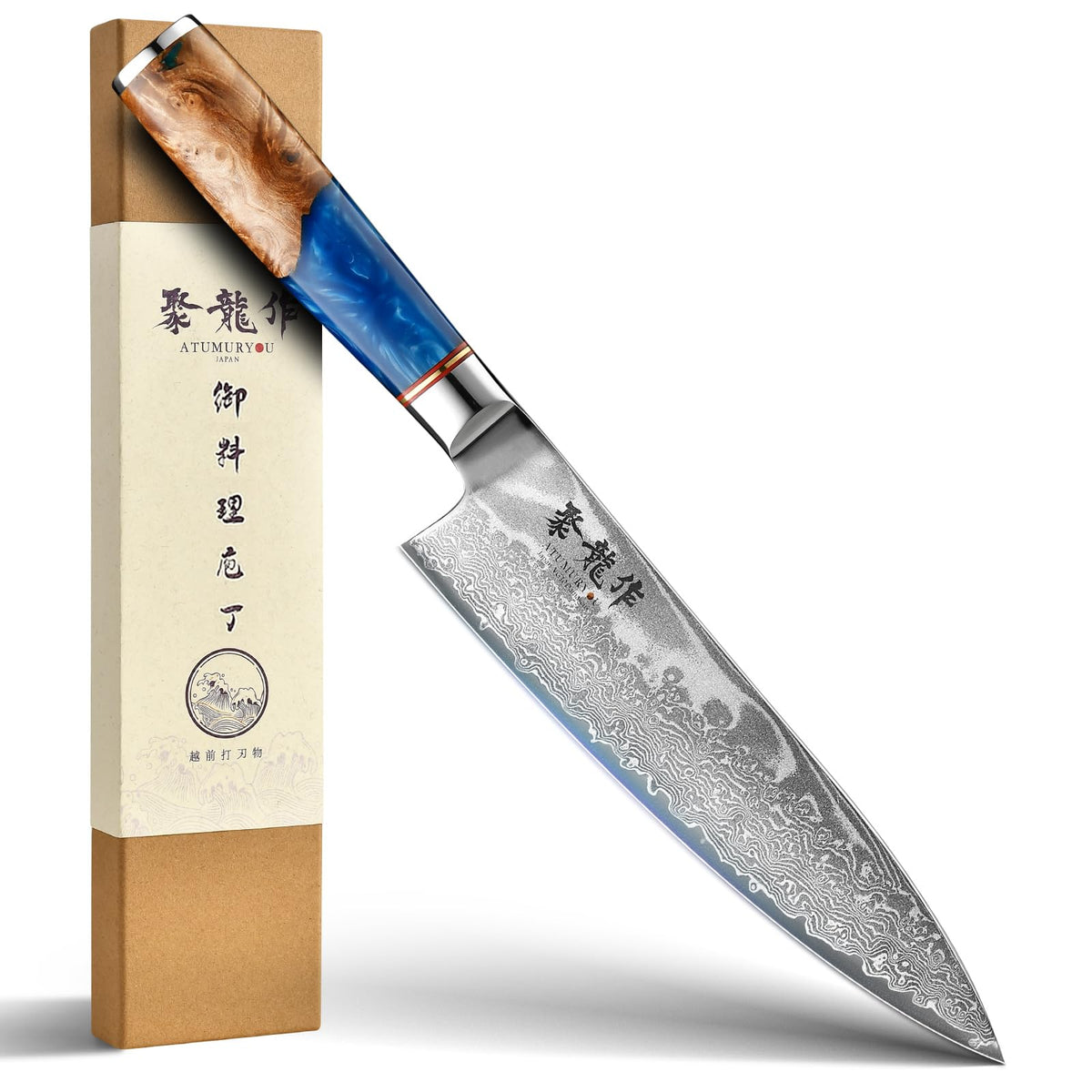 Atumuryou JPCK Damascus blade close-up highlighting sharp edge for precision slicing