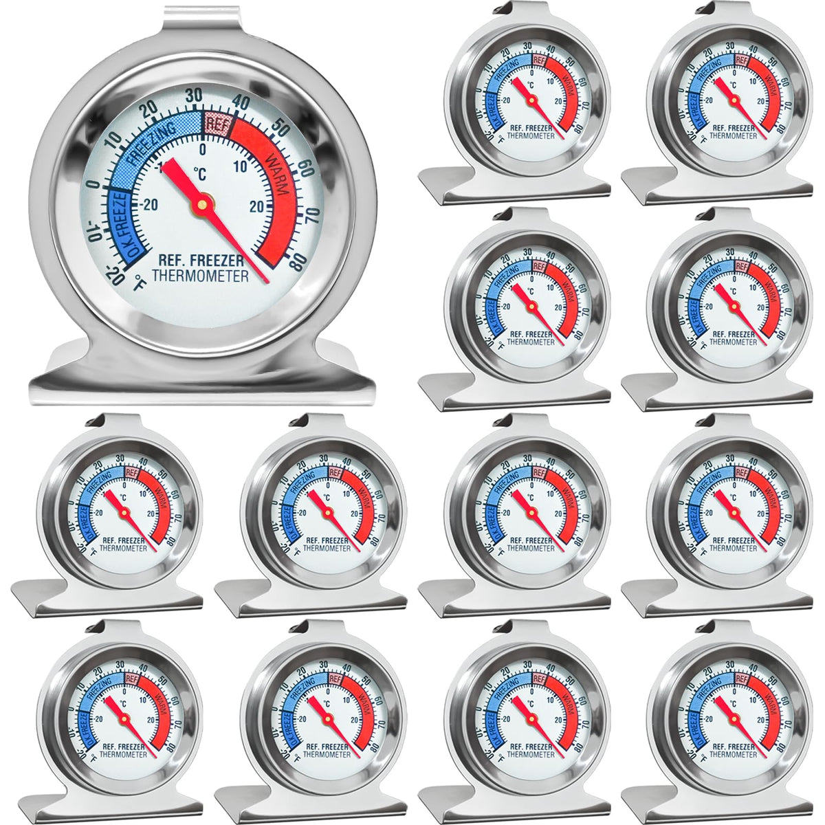 ATZNZIK 12-pack refrigerator thermometer with large dial for easy monitoring.