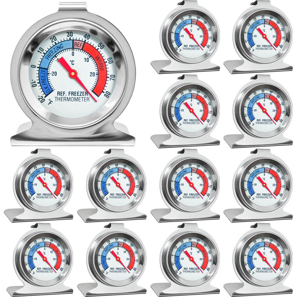 ATZNZIK 12-pack refrigerator thermometer with large dial for easy monitoring.