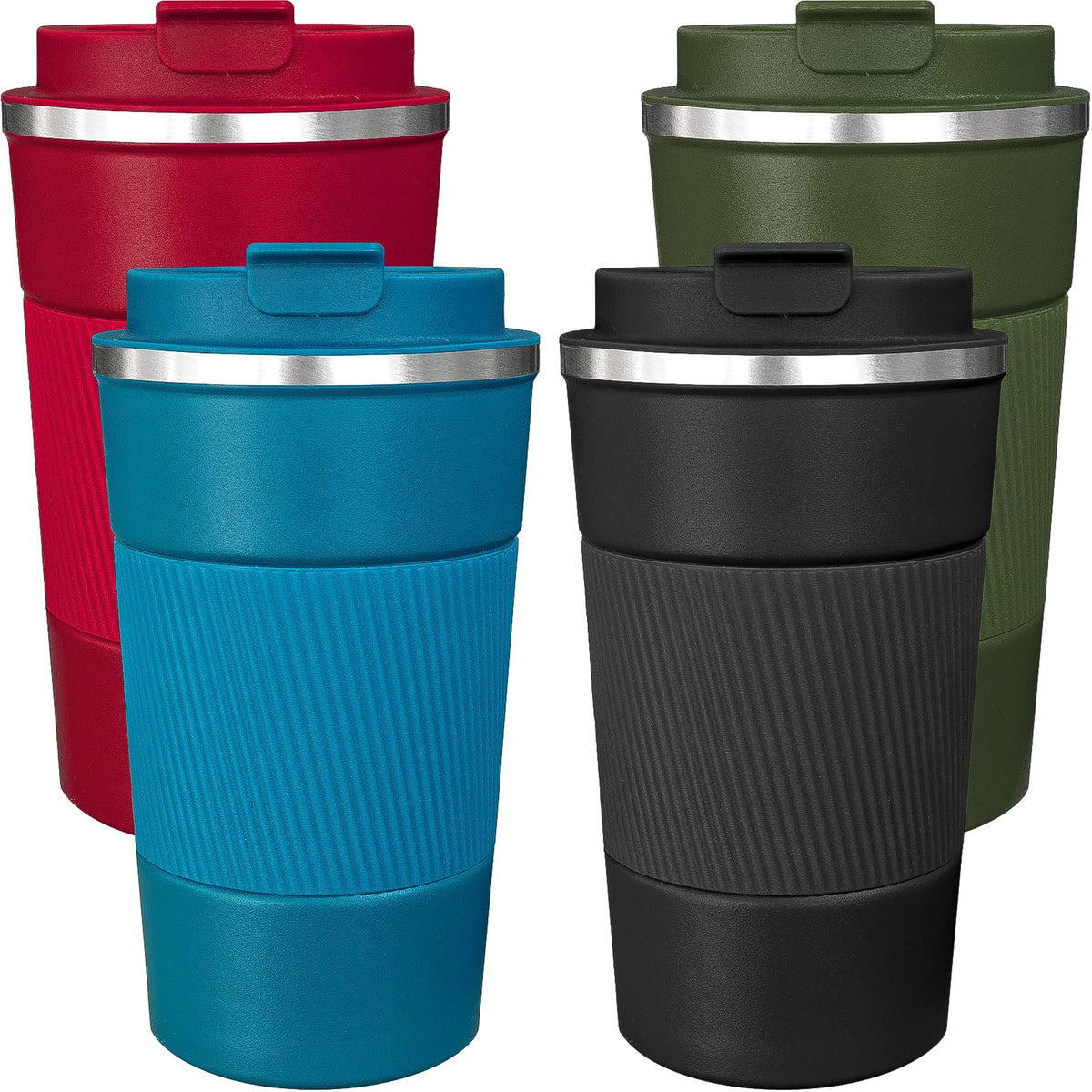 ATZNZIK four-pack insulated mugs in bright colors for home and travel use.