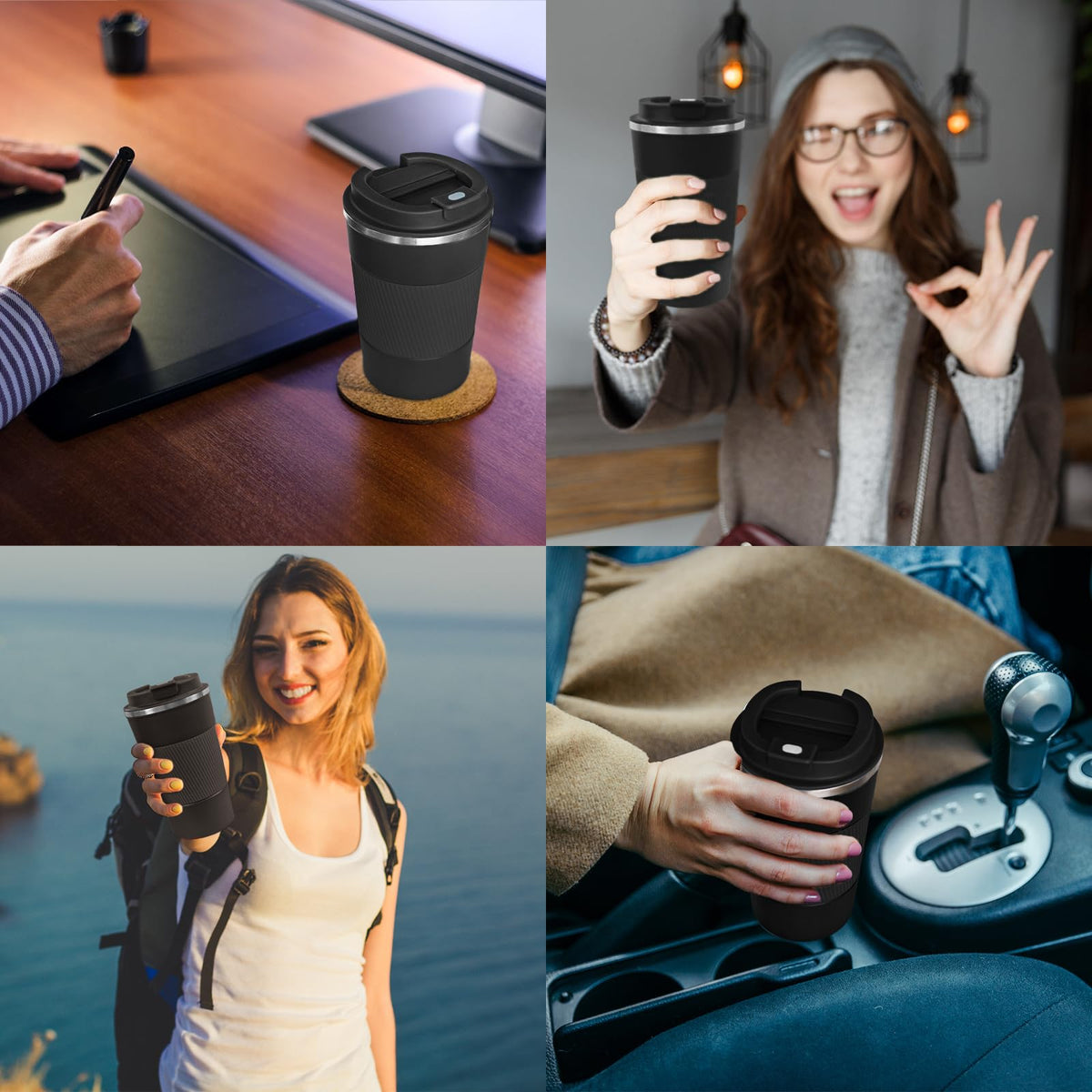 ATZNZIK black finish travel mugs fit office and outdoors.