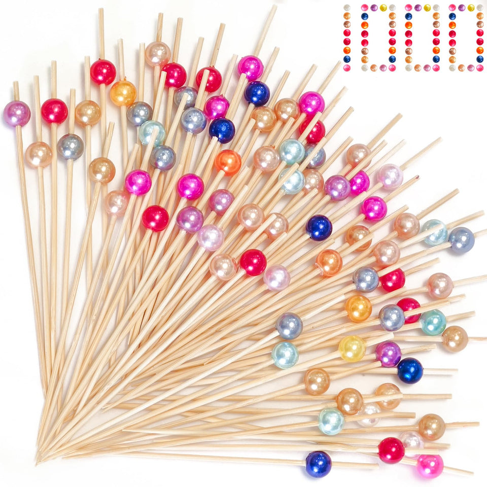 ATZNZIK cocktail picks with pearled ends in multicolor for elegant hors d'oeuvres.