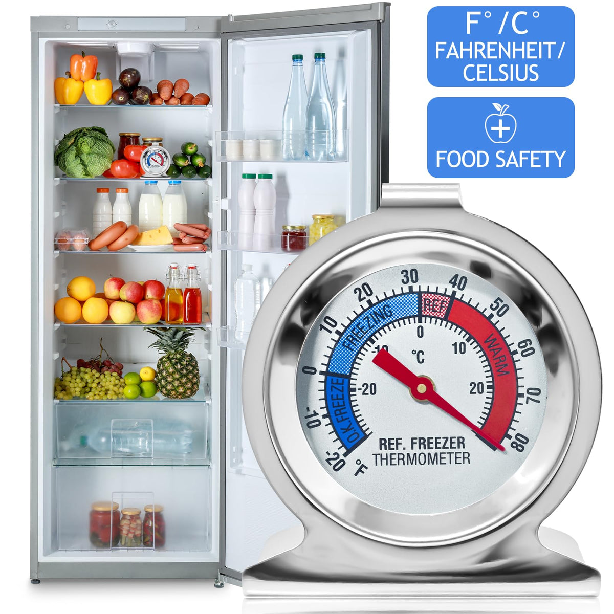 ATZNZIK hanging design thermometer fits shelves or racks for flexible placement.