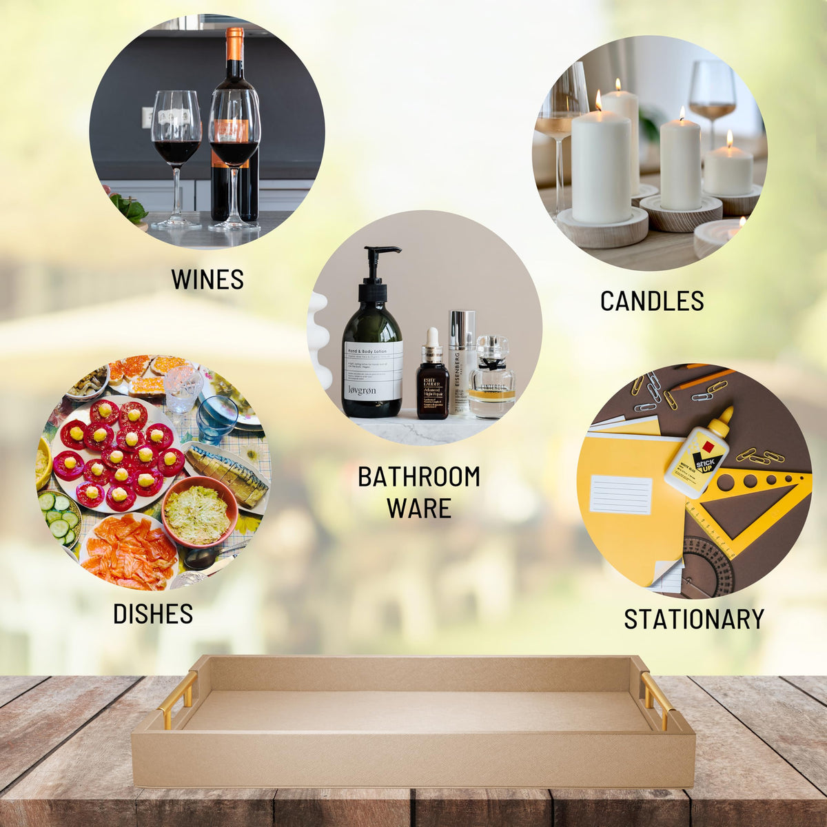 ATZYmolin khaki tray complements living rooms, bathrooms, and vanity areas