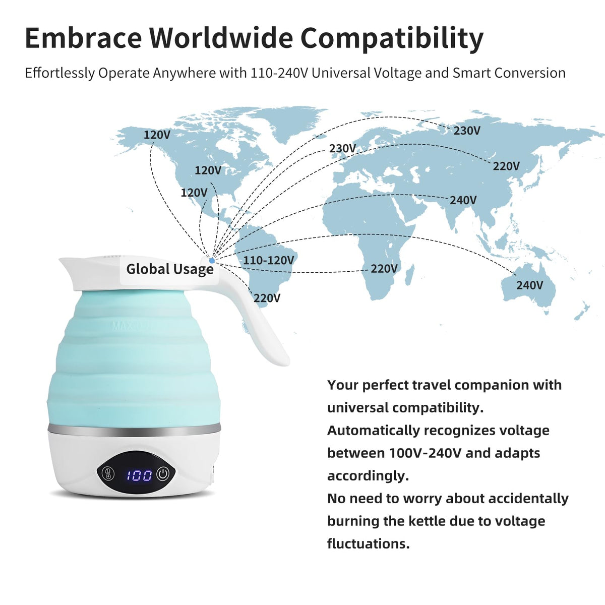AUCOO dual-voltage kettle supporting 110V and 220V for international trips.