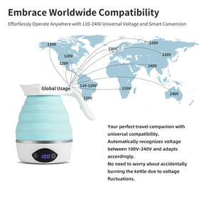 AUCOO dual-voltage kettle supporting 110V and 220V for international trips.