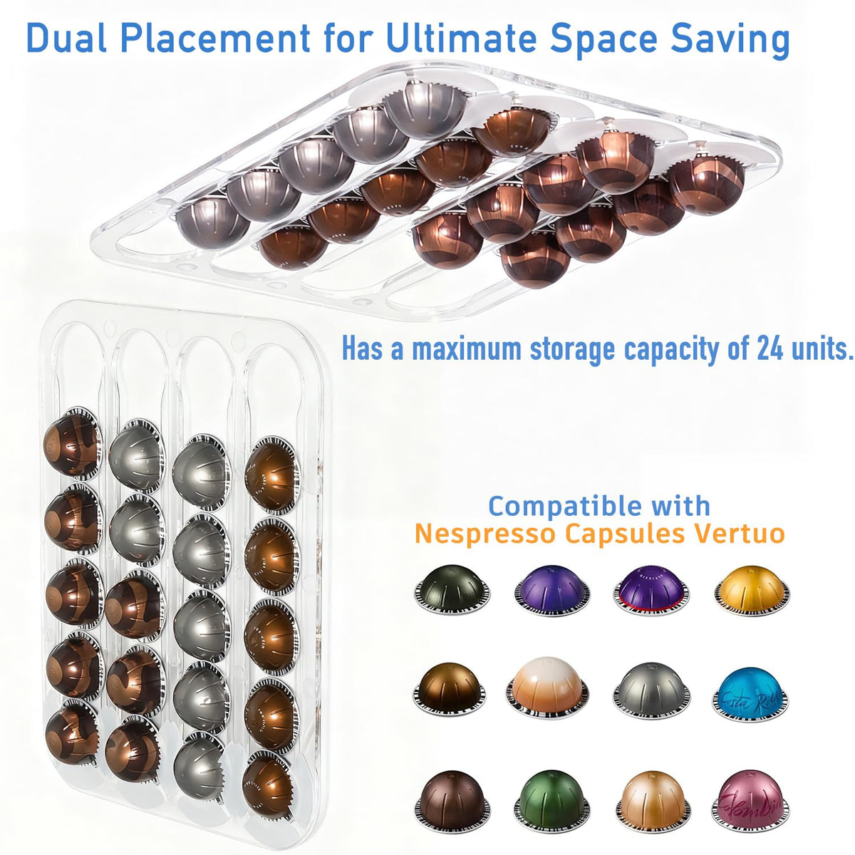 Aucuqu 24-pod capacity in four rails for daily coffee variety.