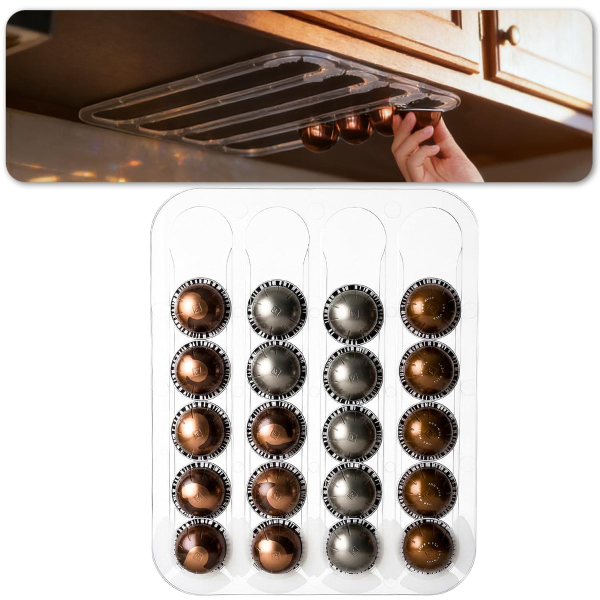 Aucuqu under-cabinet pod organizer mounted under cabinet saves counter space and keeps Vertuo pods organized.